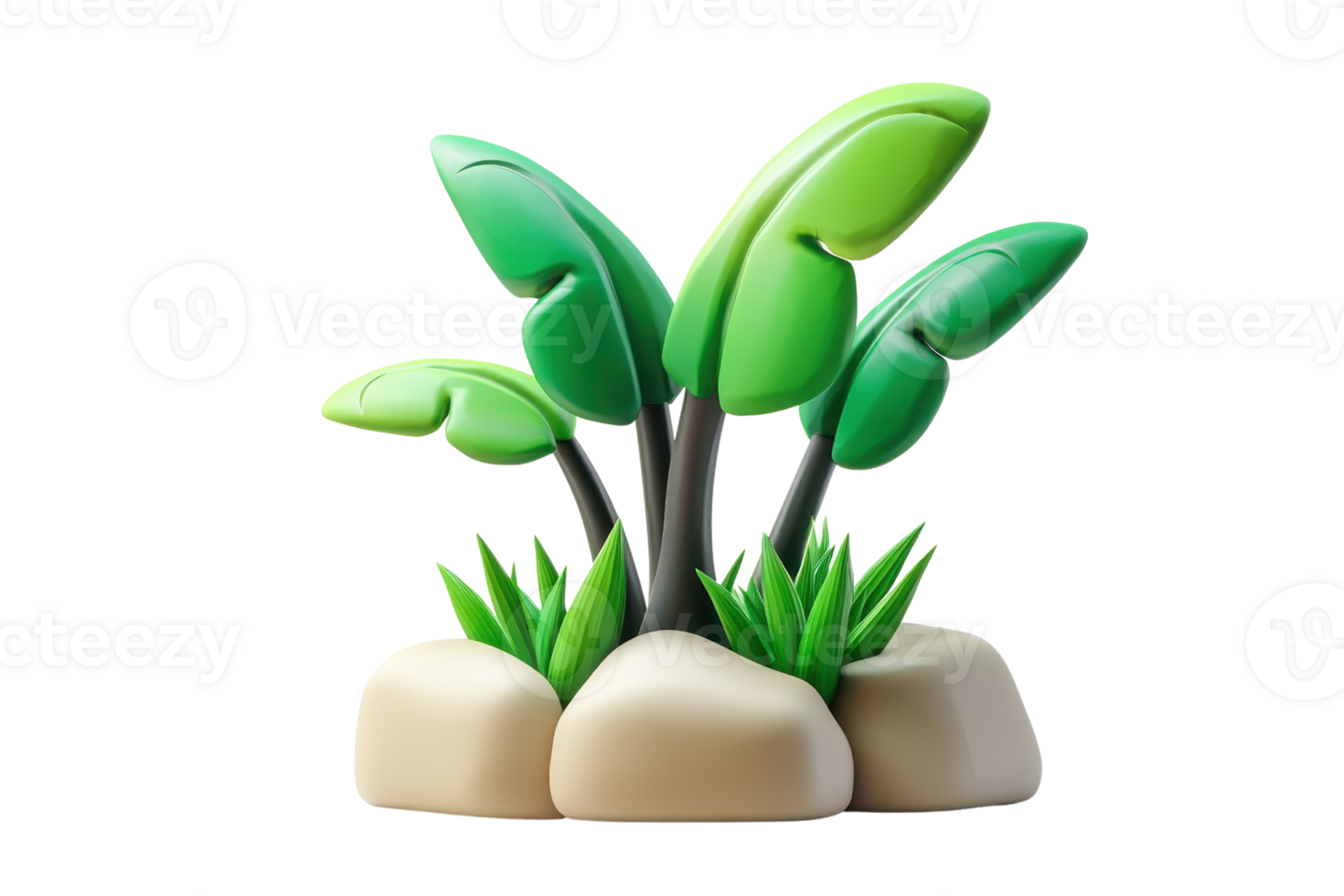 3D illustration of tropical plants with green leaves and rocks, perfect for nature, botanical, and tropical-themed designs. png