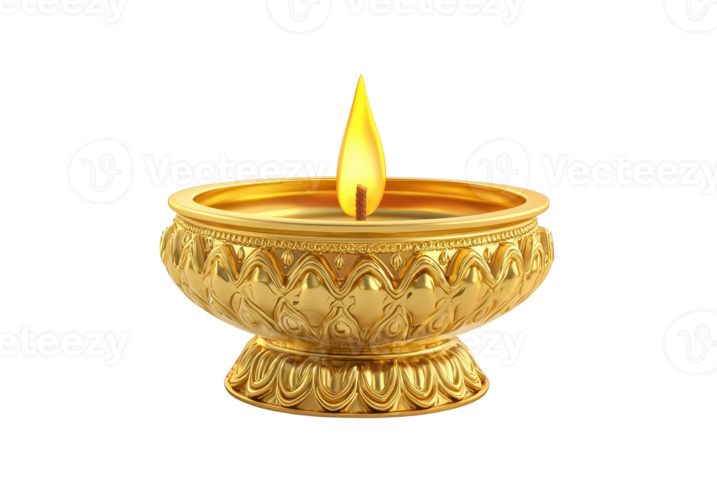 Golden decorative oil lamp with intricate patterns, lit with a single flame, symbolizing light and tradition. Ideal for festive and religious contexts. png