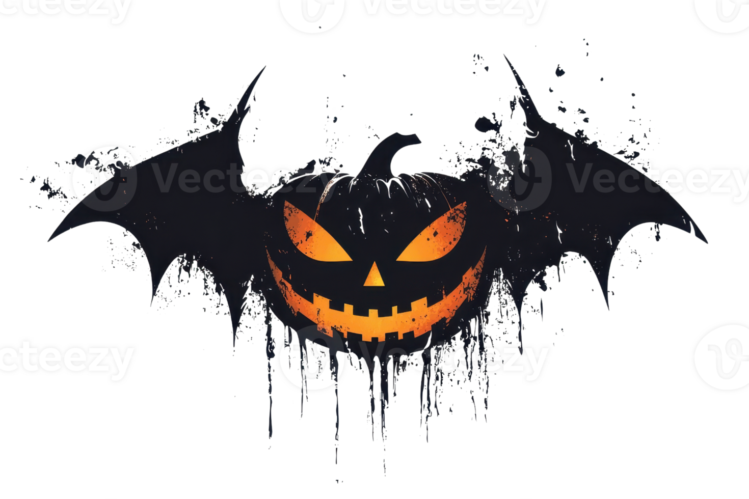 Spooky Halloween graphic with a sinister jack-o'-lantern face and bat wings. Perfect for festive decorations and holiday designs. png