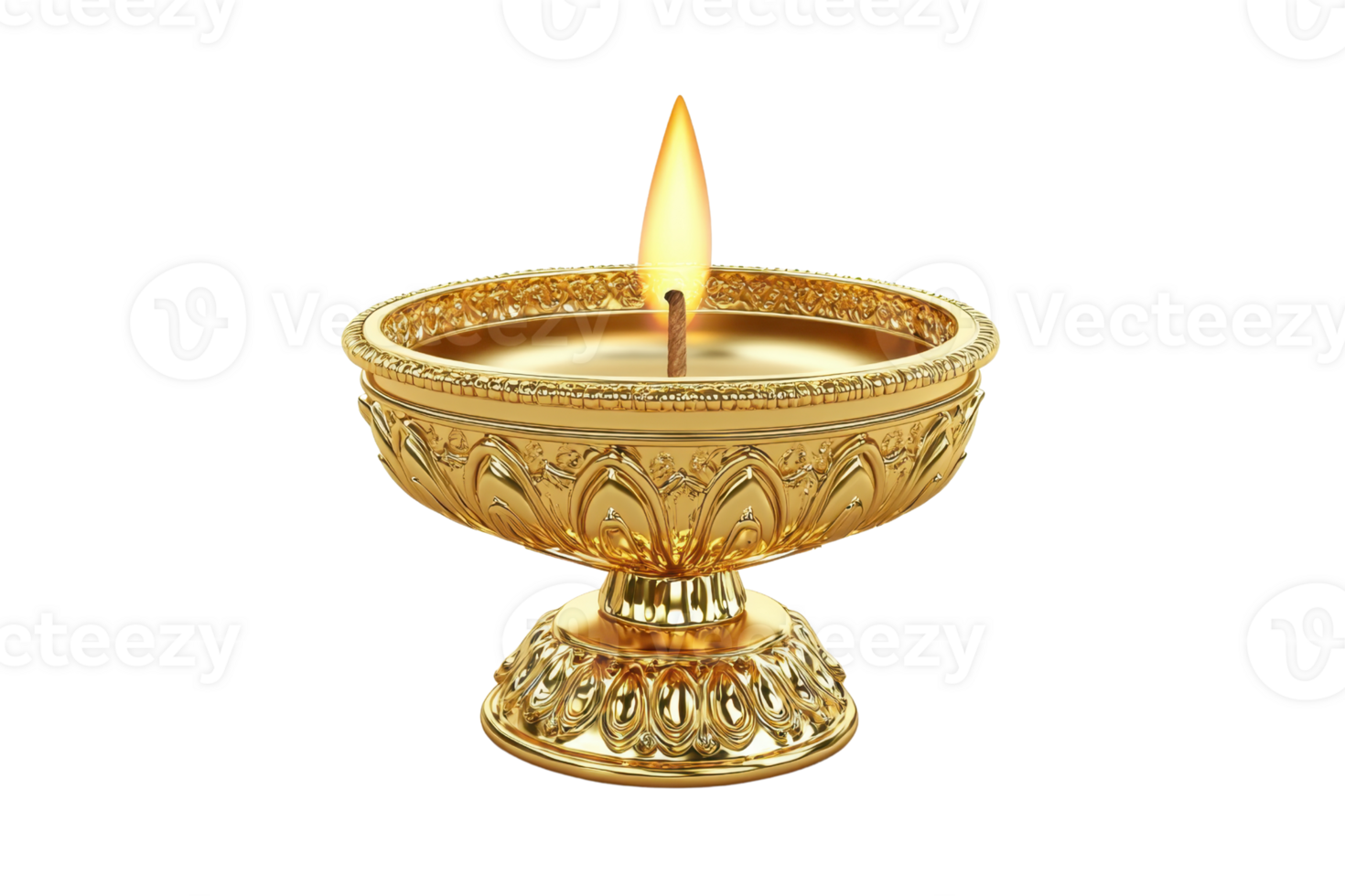 Elegant ornate golden lamp with a soft glowing flame, perfect for ceremonial and decorative purposes. png