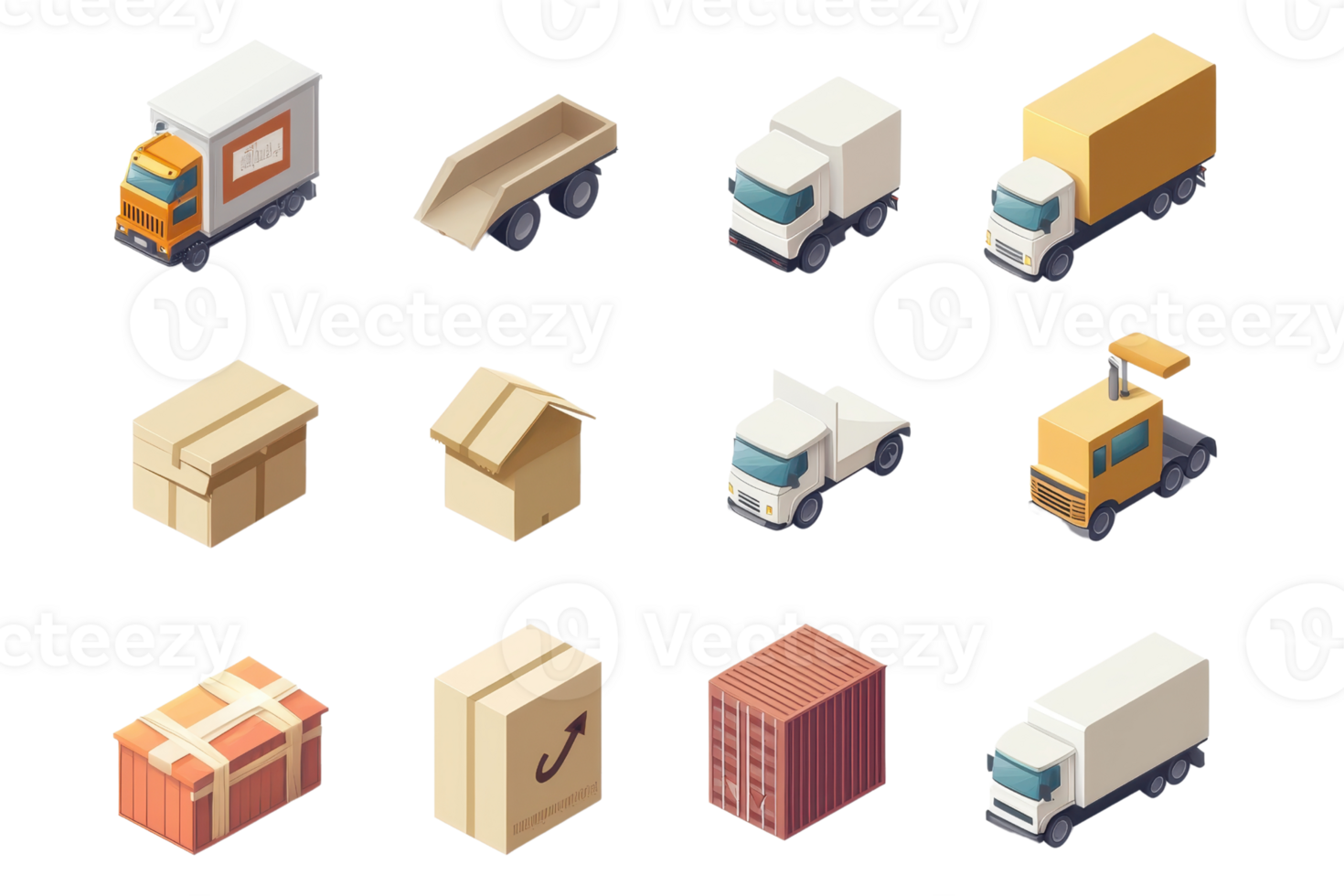 Isometric icons of various delivery trucks and packages. Ideal for logistics, transportation, and shipping illustrations. png