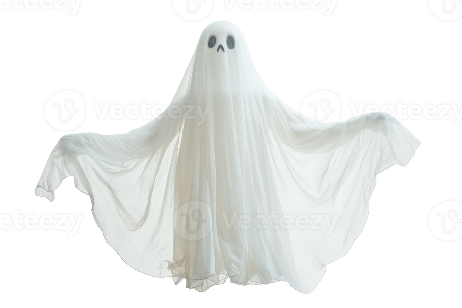 Spooky figure in a white ghost costume with black eyes, ideal for Halloween decorations or scary themed events. png