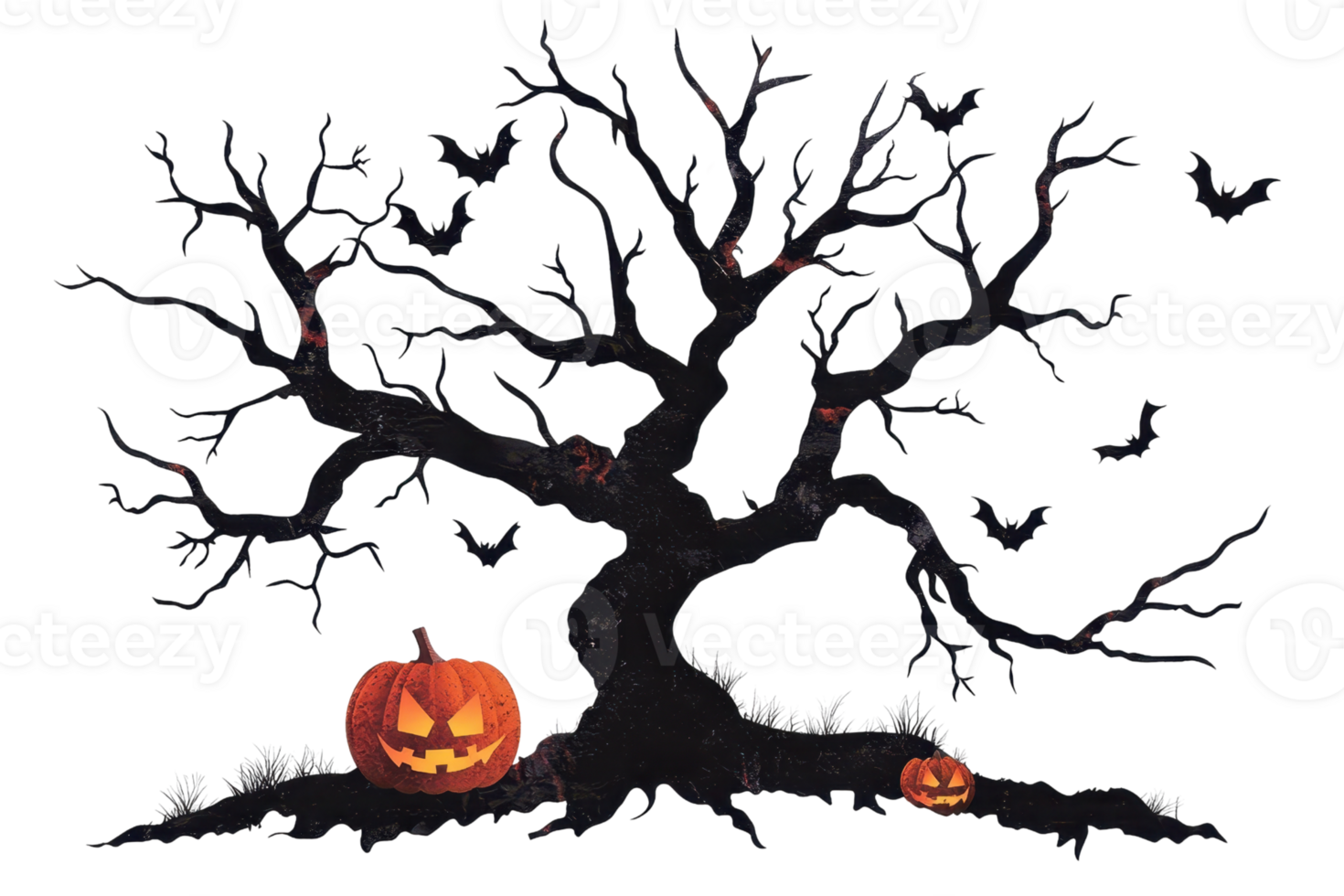 Spooky Halloween scene with carved pumpkins under a haunted tree, surrounded by bats. Perfect for festive and eerie celebrations. png