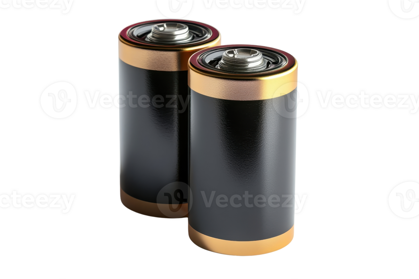 Close-up of two black and gold cylindrical batteries on a transparent background. ideal for energy and power-related concepts. png