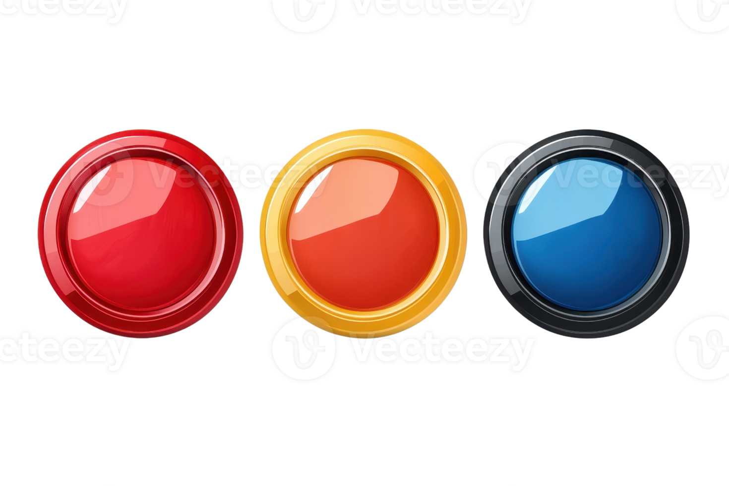 Three glossy colored buttons in red, yellow, and blue isolated on transparent background. Perfect for game design or user interfaces. png