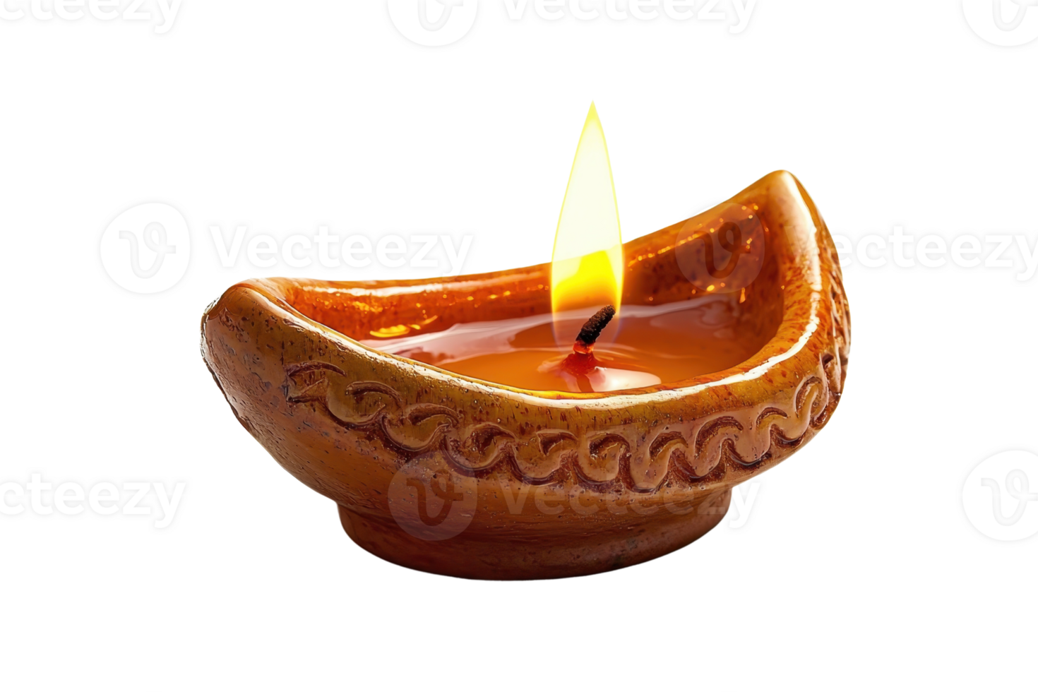 Clay oil lamp with a burning flame, traditionally used in festivals and religious ceremonies, isolated on a transparent background. png