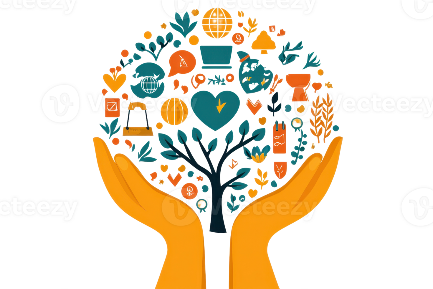 Illustration of hands holding a tree with various symbols and icons representing growth, care, and sustainability. png