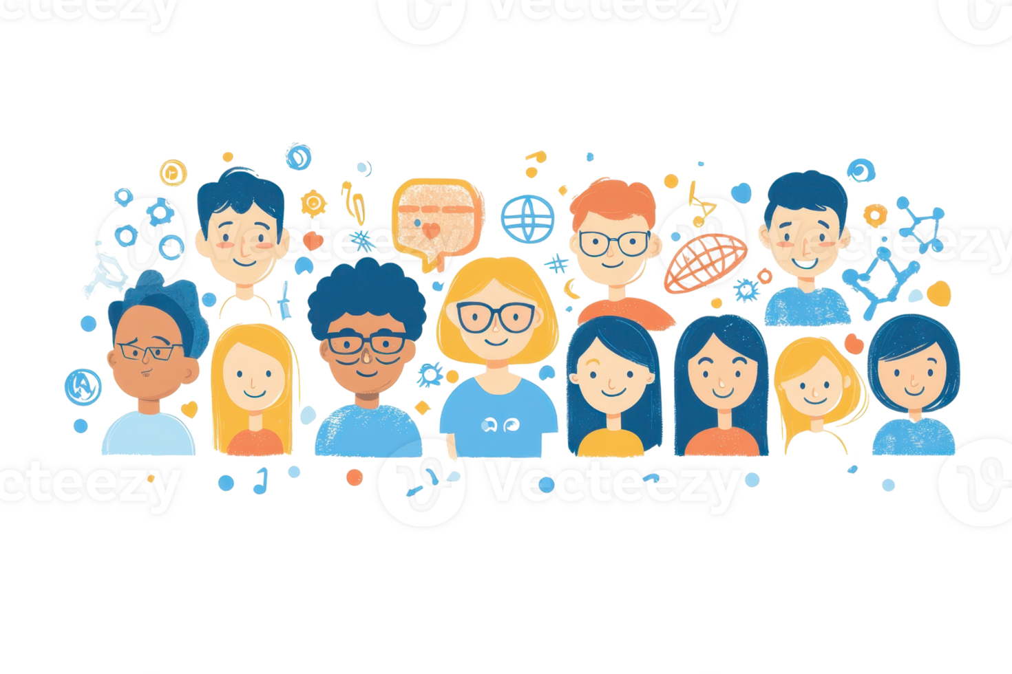 Illustration of diverse group of people, emphasizing community, connection, and teamwork. Vibrant colors and playful design. png