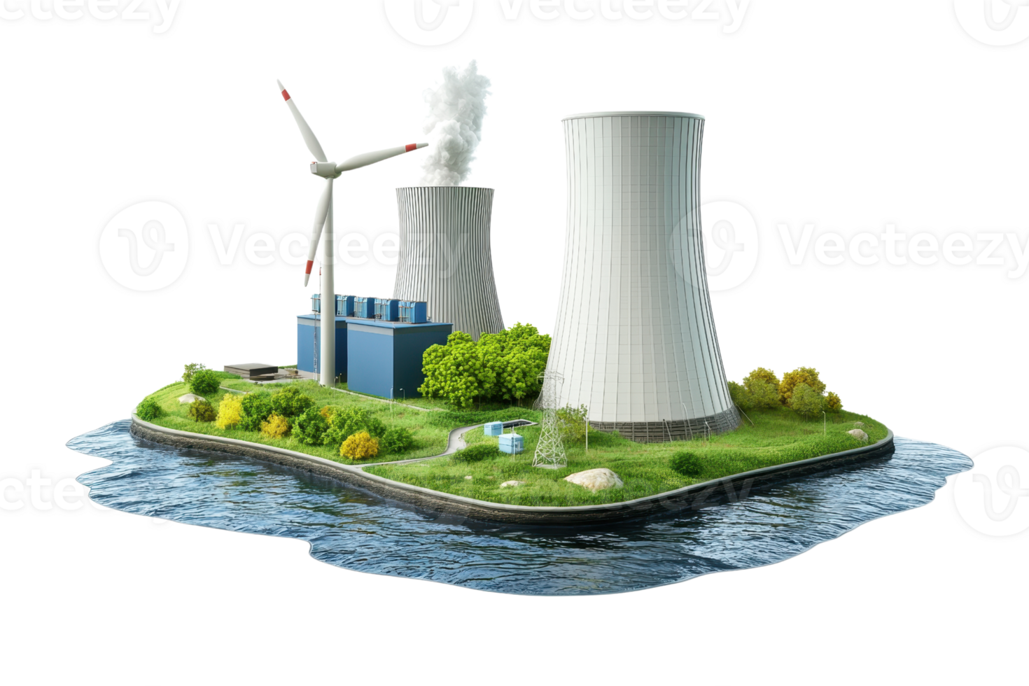 Illustration of a nuclear power plant with cooling towers and wind turbines on a small island with greenery. png