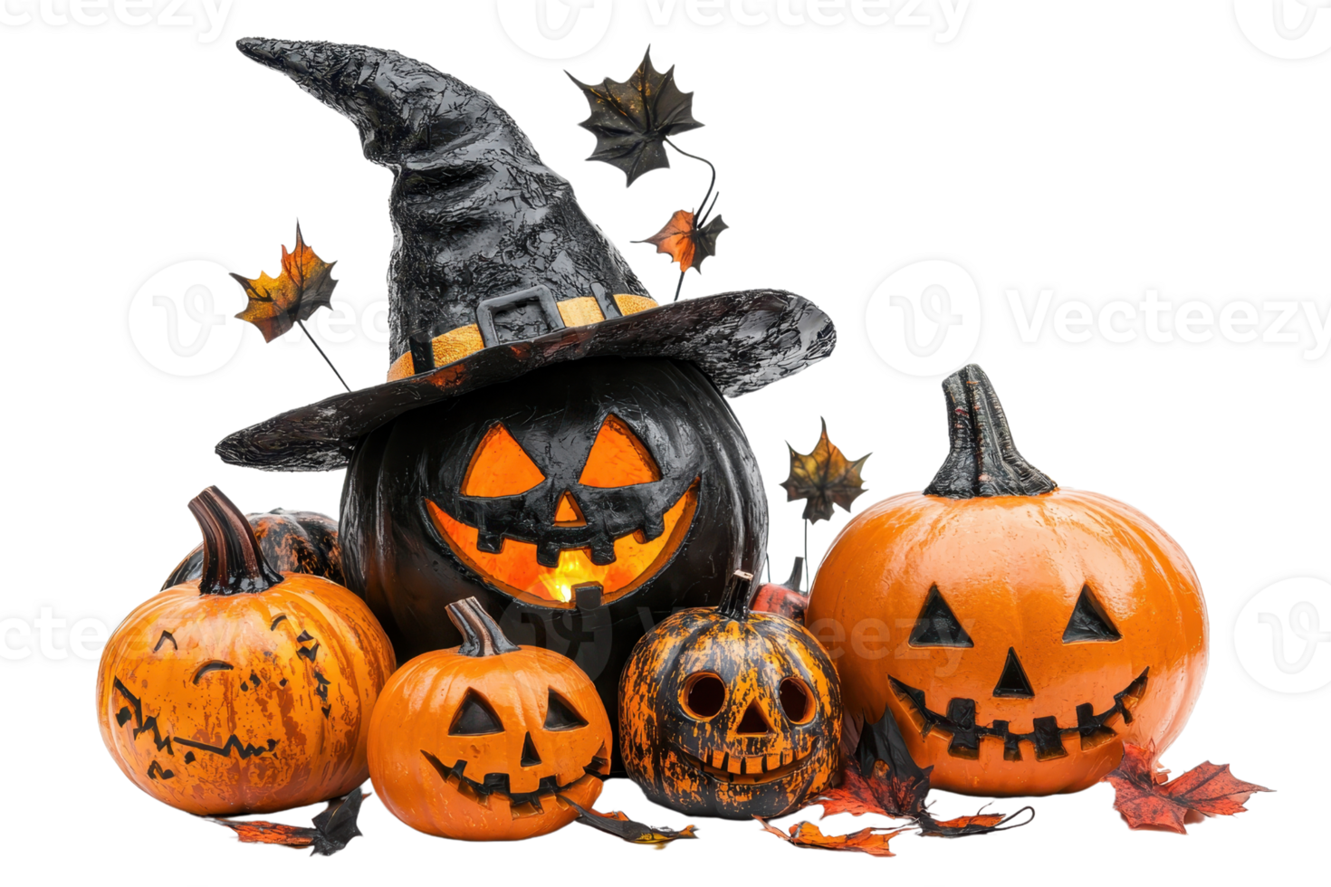 Group of carved Halloween pumpkins with jack-o'-lantern faces, adorned with a witch hat, surrounded by autumn leaves. png