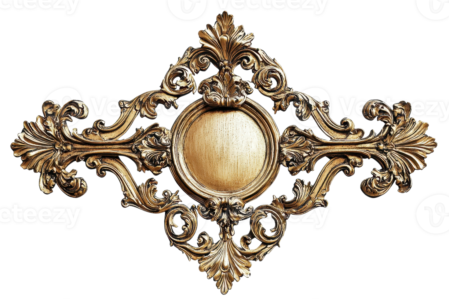 Ornate golden antique frame with intricate details and an empty circular center, perfect for adding a touch of vintage elegance to any design project. png