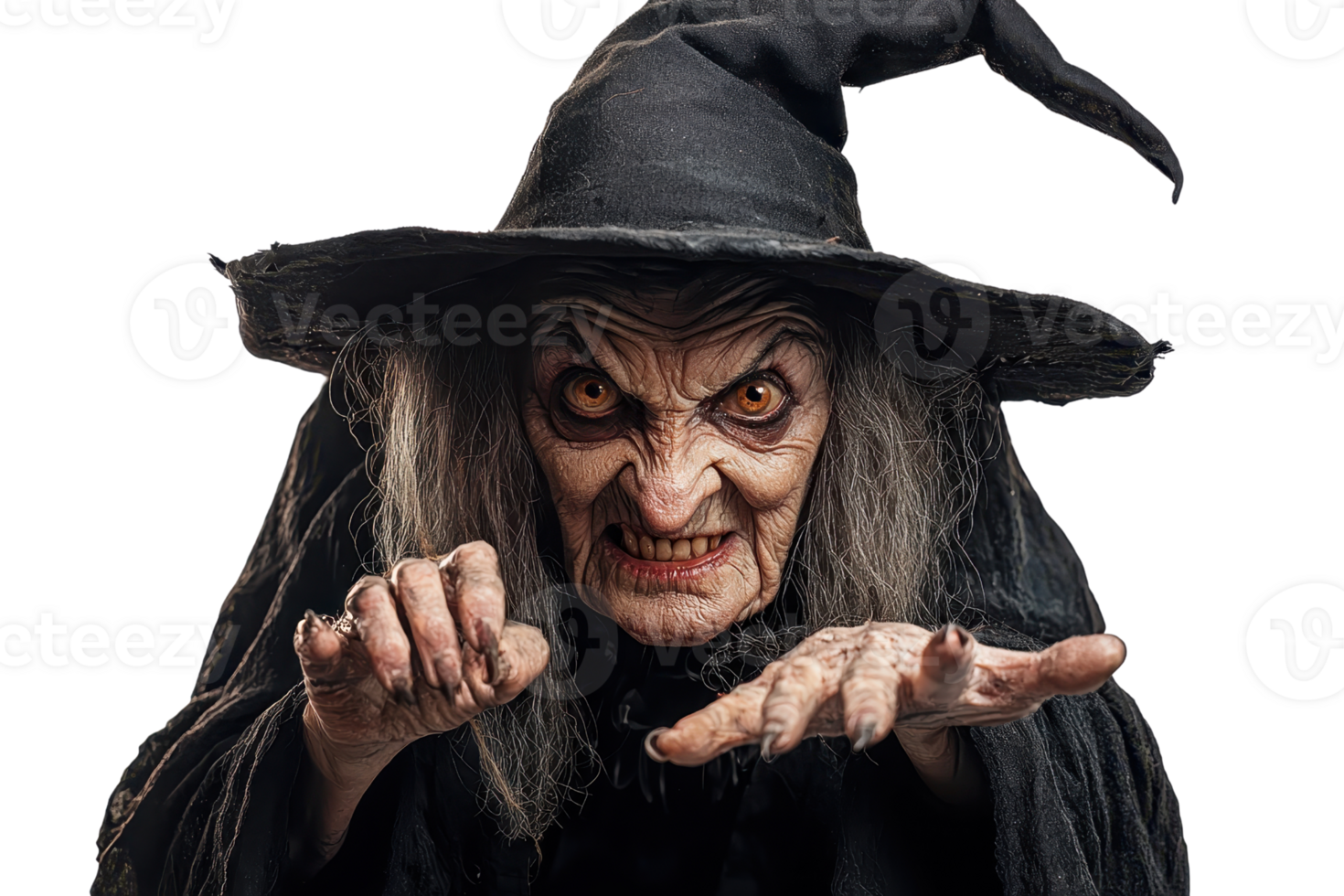 Scary witch with long grey hair and black hat making menacing gestures. Perfect for Halloween themes and spooky illustrations. png