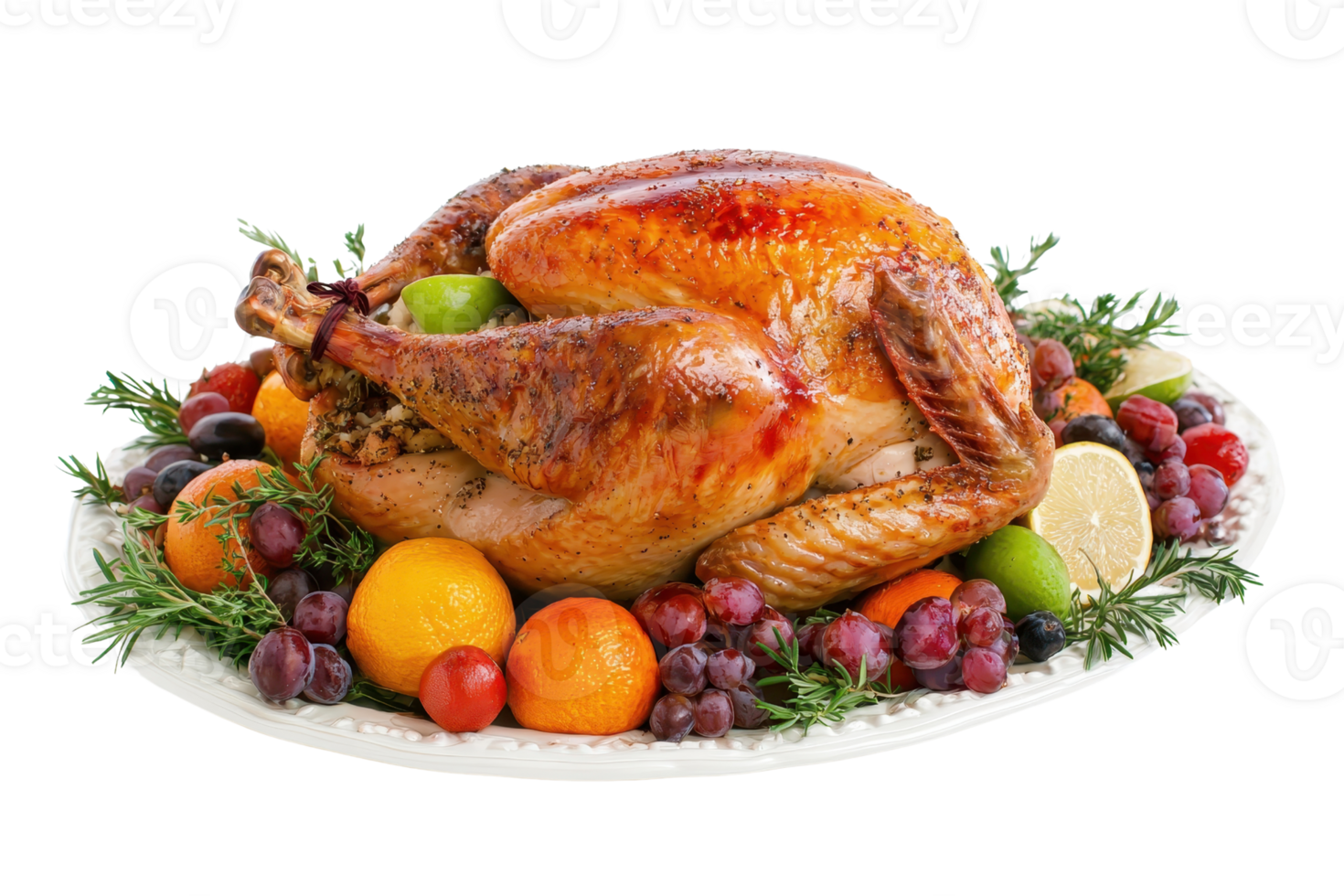 Roasted turkey with fruits and herbs on a platter, perfect for Thanksgiving or holiday meals, showcasing a deliciously cooked festive dish. png