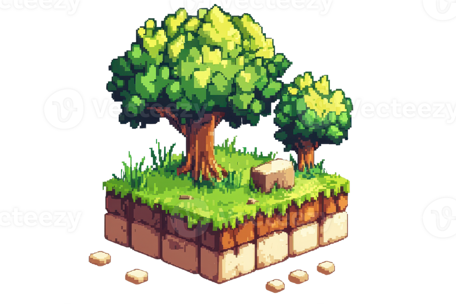 Isometric pixel art piece with trees, grass, and rocks, ideal for games, nature designs, and digital art projects. png