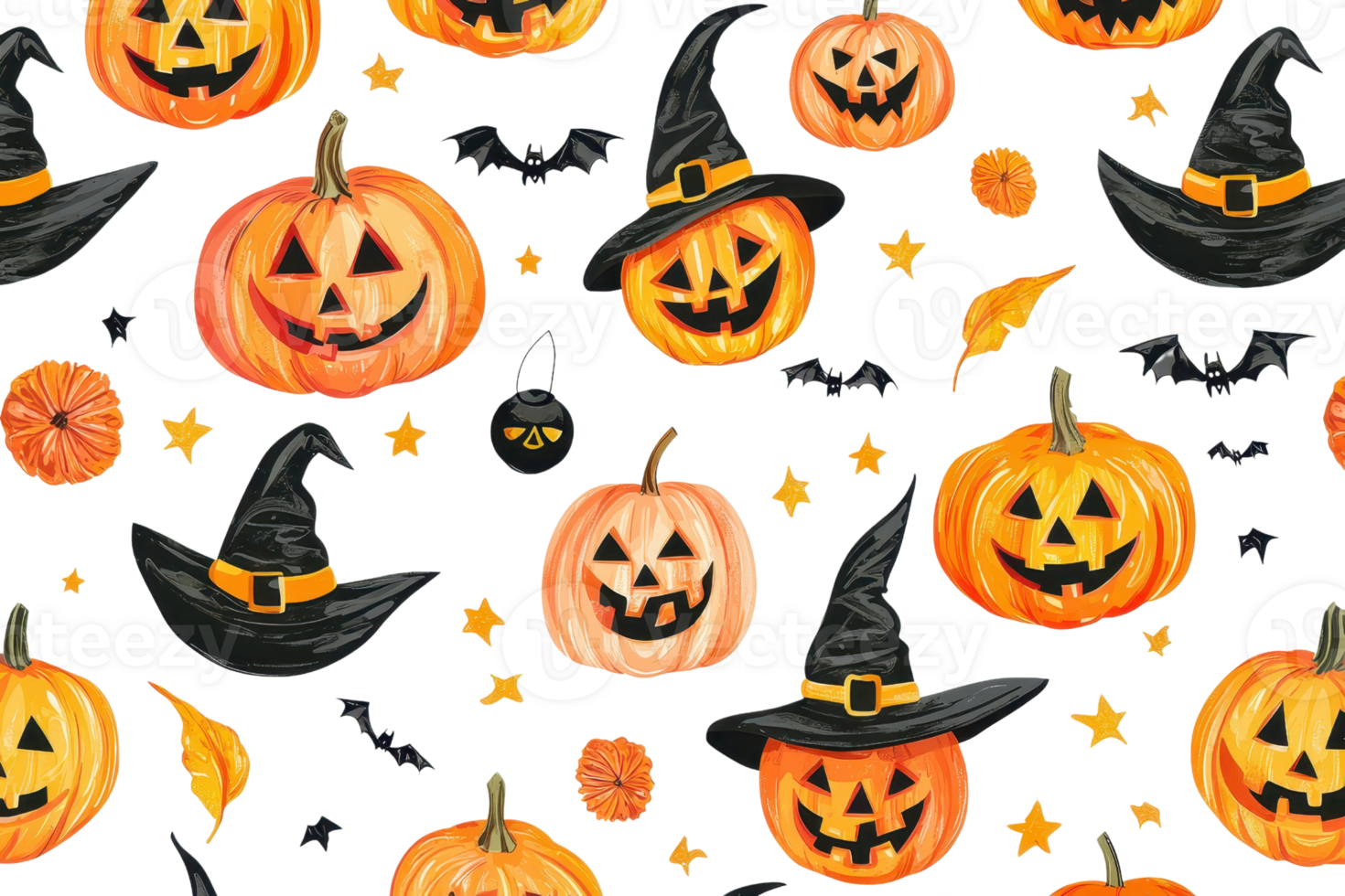 Seamlessly patterned Halloween pumpkins with witch hats and bats on a dark background, perfect for festive decorations. png