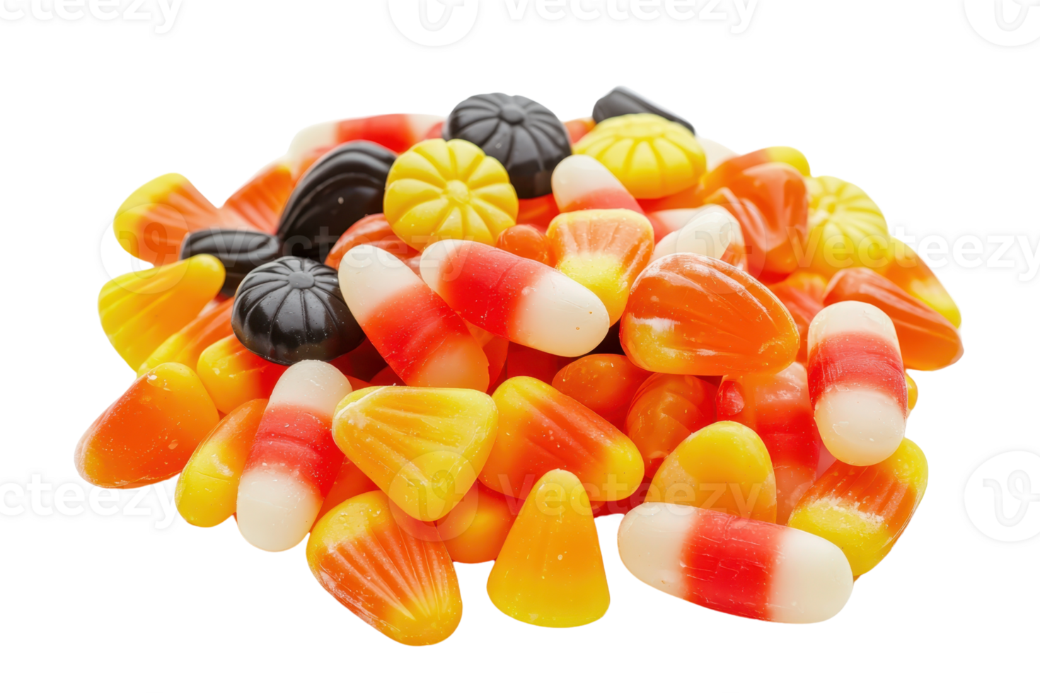 Pile of assorted Halloween candies including traditional candy corn and various colored confections on a transparent background. png