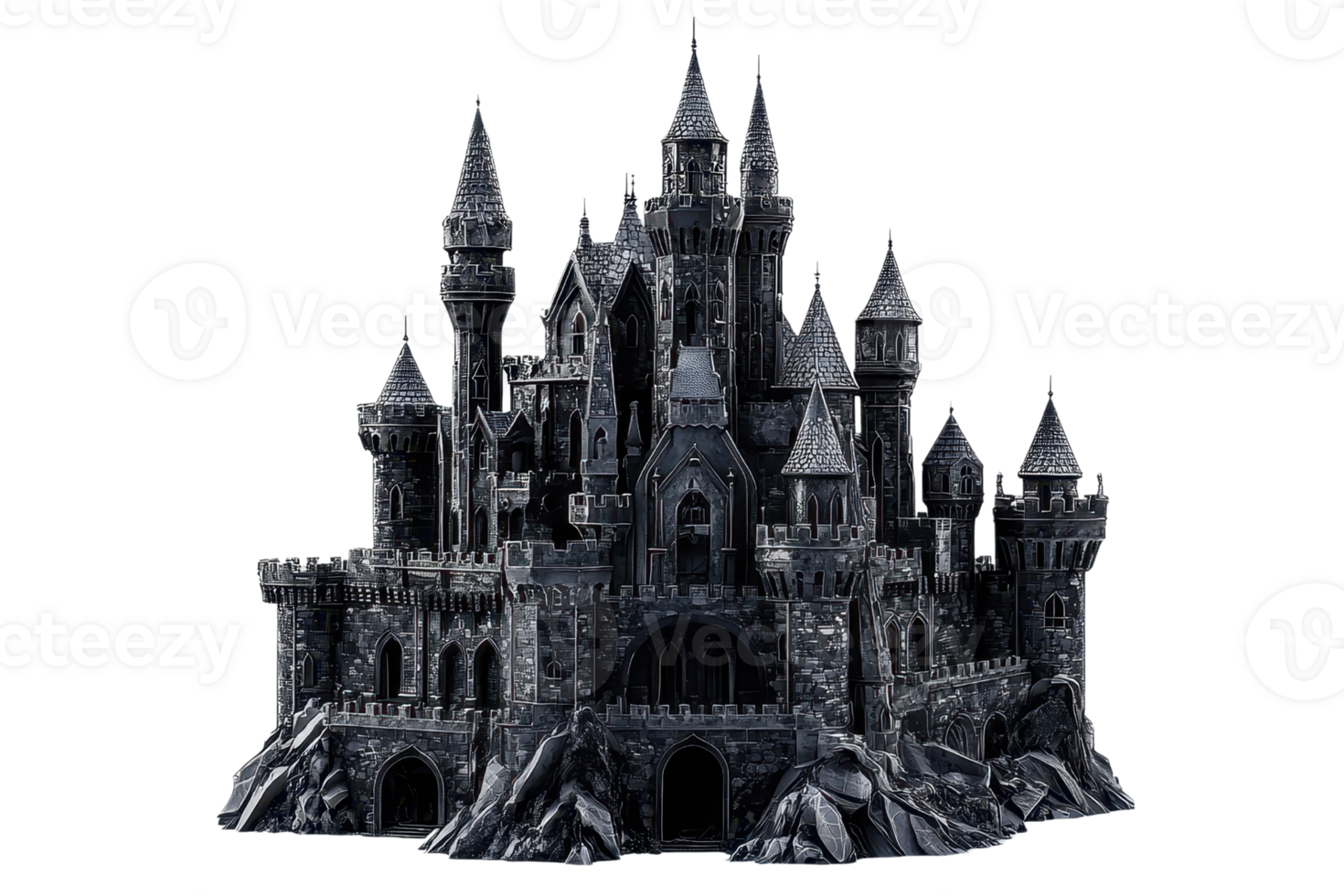 Majestic dark fantasy stone castle with multiple towers, perfect for gothic-themed designs in digital art or game development. png