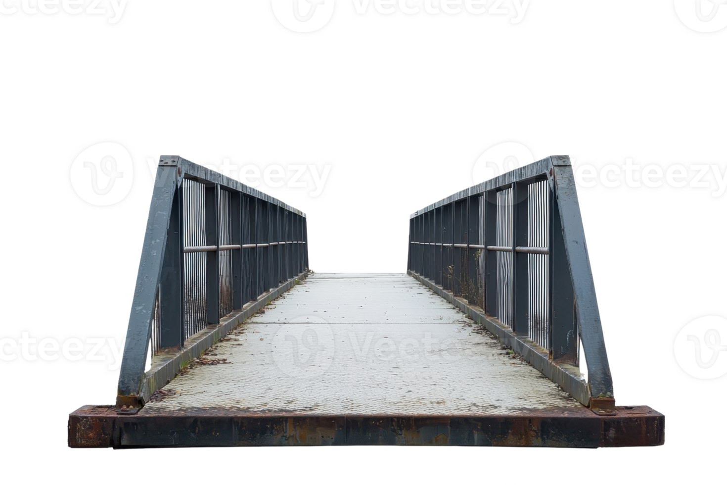 Isolated view of a metal pedestrian bridge with railings on both sides against a transparent background. focusing on structure and simplicity. png