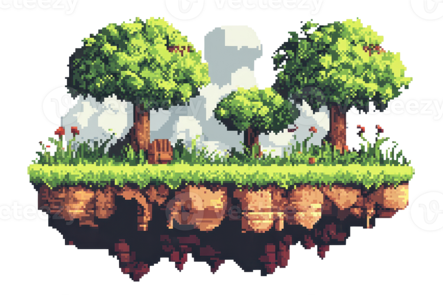 Pixel art floating island with trees, grass, and clouds. Ideal for games, digital art, and design projects. png