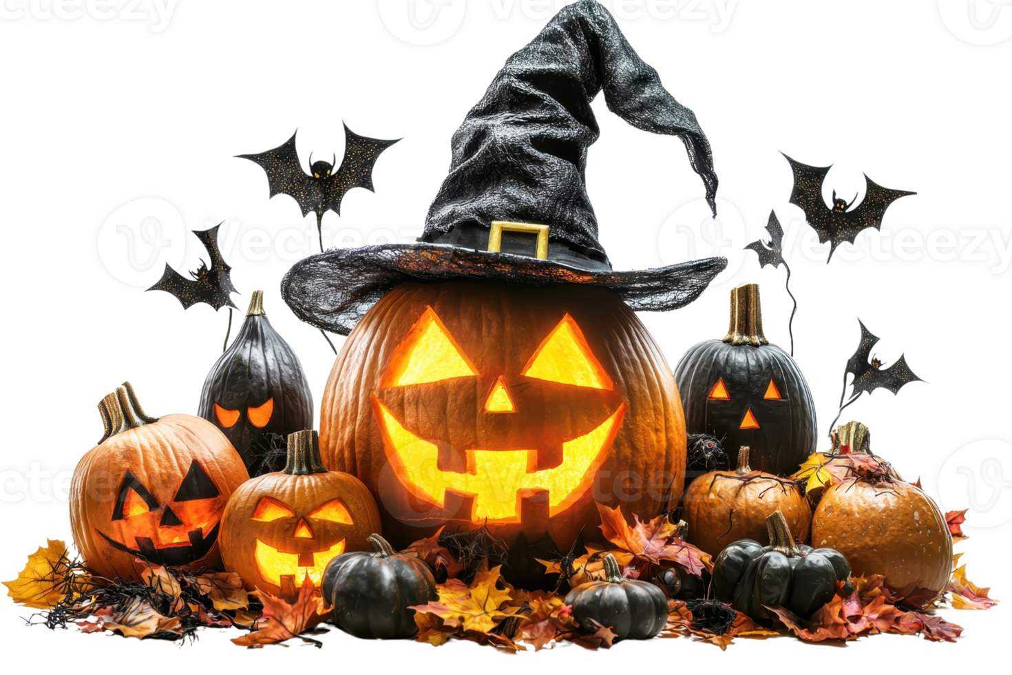 Festive Halloween pumpkins with spooky carved faces, surrounded by autumn leaves and bats. Perfect for seasonal decoration and celebration themes. png