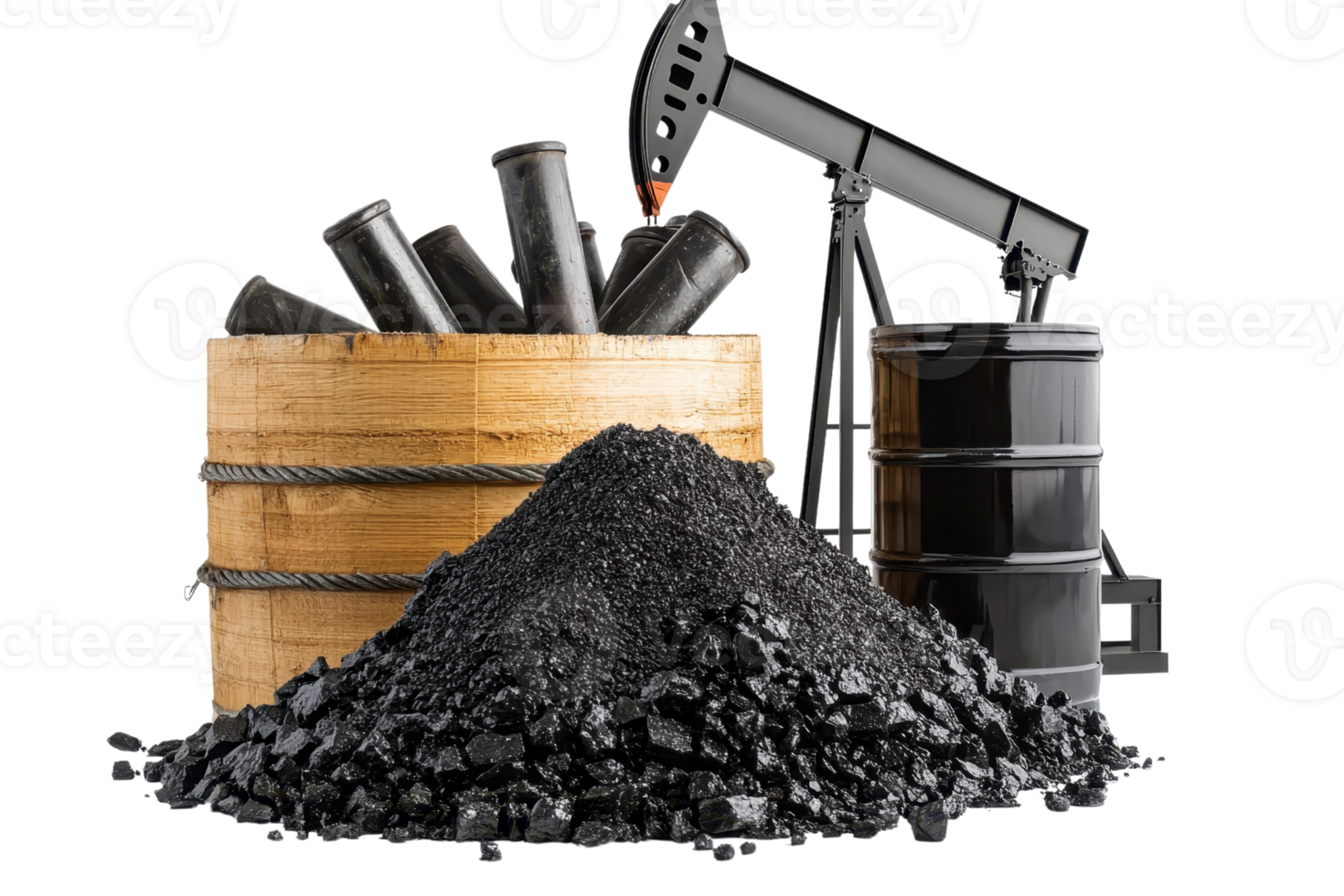 Industrial scene with coal pile, oil barrels, and drilling pumpjack, representing energy resources and fossil fuel extraction industry. png