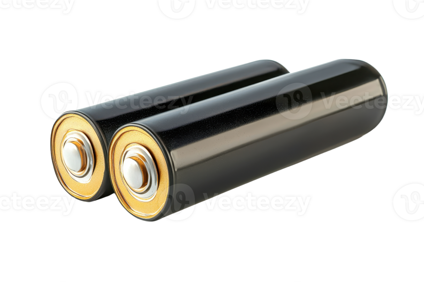 Pair of black cylindrical batteries with gold accents, isolated on a transparent background. showcasing power and energy storage. png