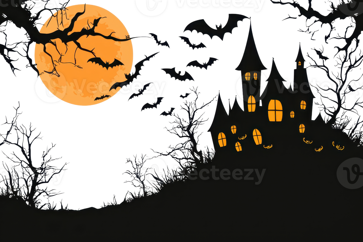 Spooky haunted house on a hill under a full moon with bats flying and eerie trees, perfect for Halloween-themed designs. png