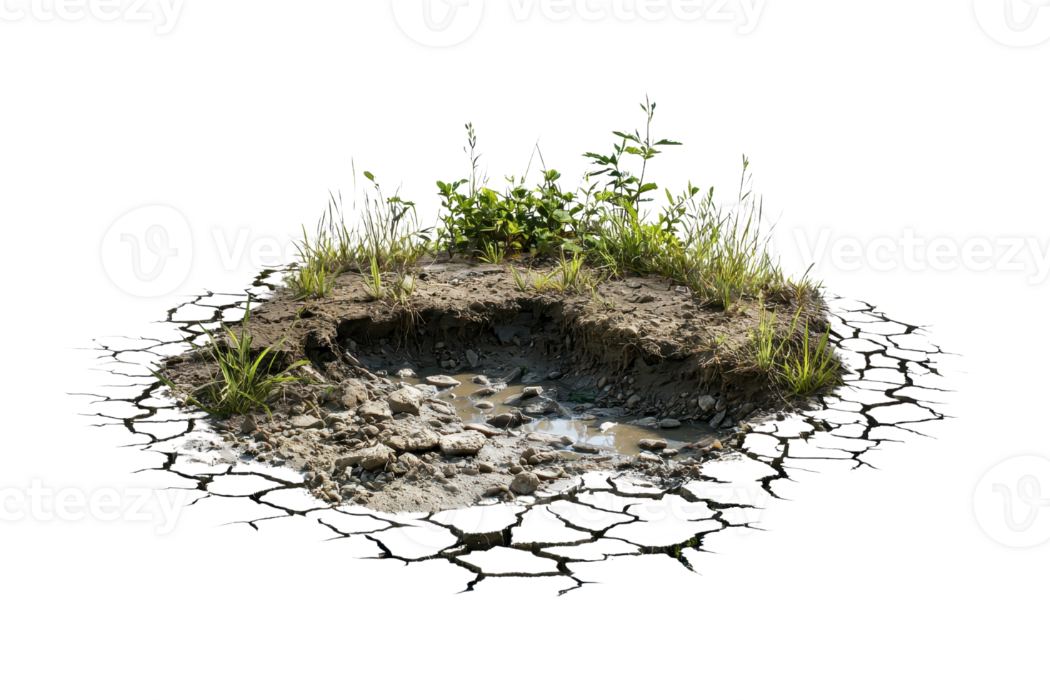 A small muddy patch with sparse grass and plants growing around it isolated on a transparent background. png