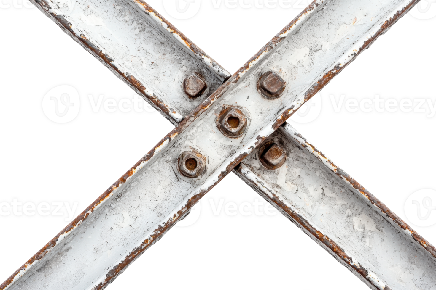 Rusty intersecting metal beams with bolts, forming an 'X' shape. Texture and detail showcase wear and industrial aesthetics. png