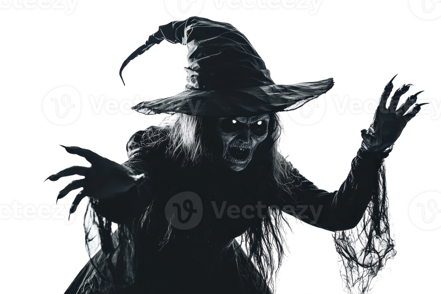 Spooky witch in dark costume and hat, menacing expression, perfect for Halloween themes and eerie decorations. png