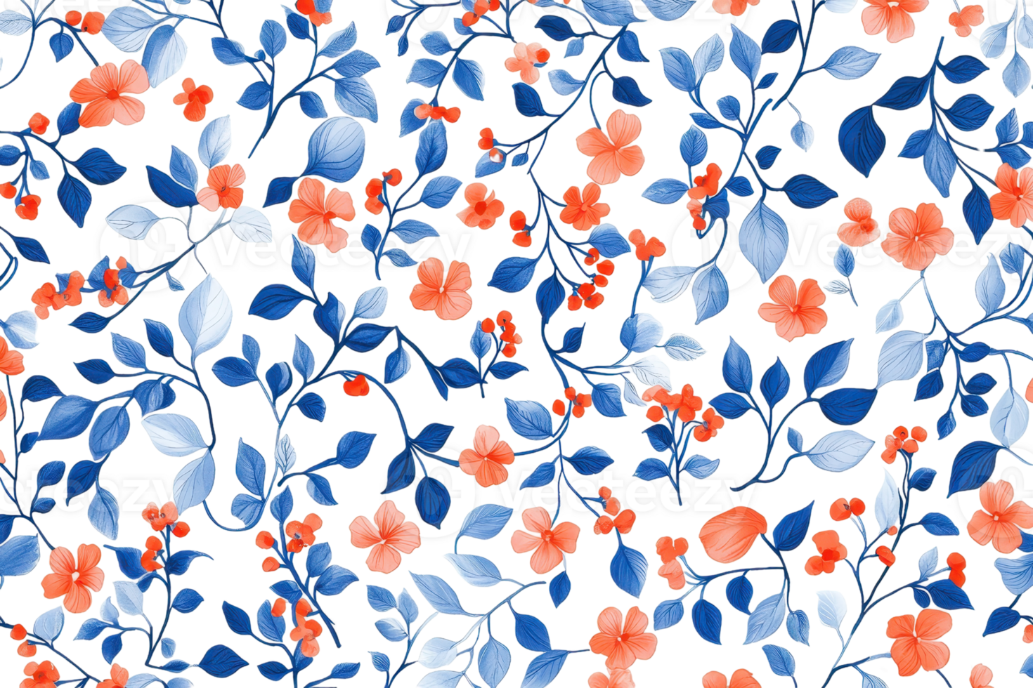 Seamless pattern with blue leaves and orange flowers on a dark background. Nature floral design for textile, wallpaper, or wrapping paper. png