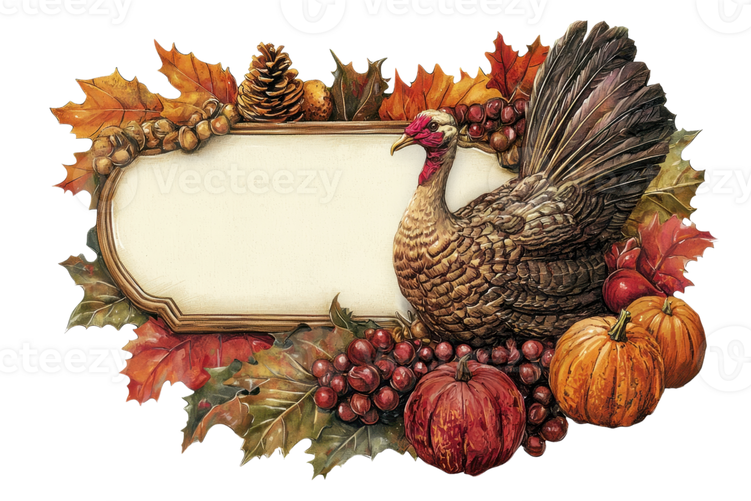 Thanksgiving-themed frame with a turkey, pumpkins, autumn leaves, and berries, perfect for holiday decor or greeting cards. png