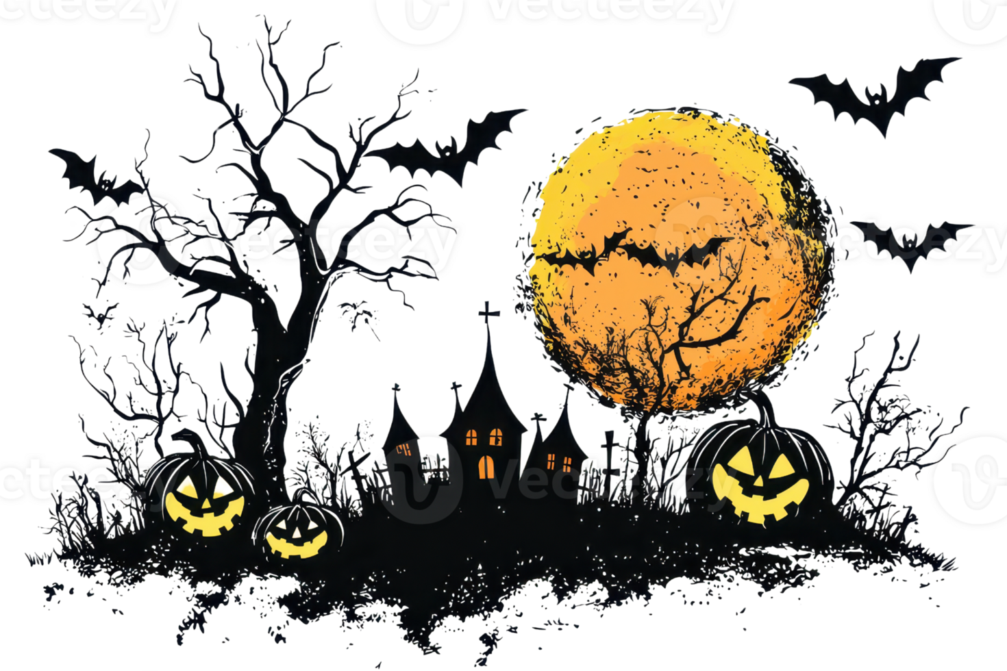 Spooky Halloween night scene with haunted house, jack-o-lanterns, full moon, and flying bats. Perfect for Halloween-themed designs. png