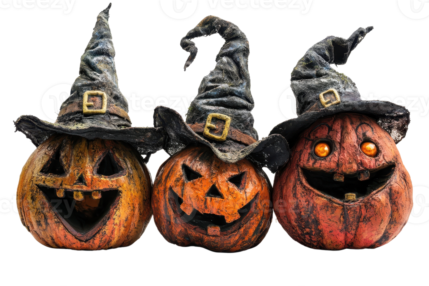 Three carved pumpkins wearing witch hats, showcasing spooky and fun Halloween decorations, perfect for holiday themes and festive imagery. png