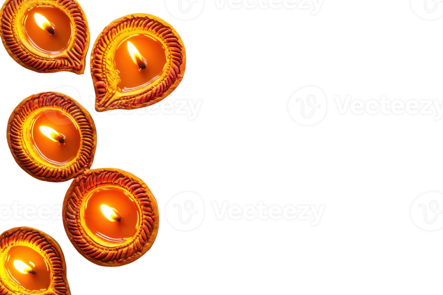 Top view of traditional Diwali oil lamps arranged beautifully on a dark background, creating a radiant and festive atmosphere. png