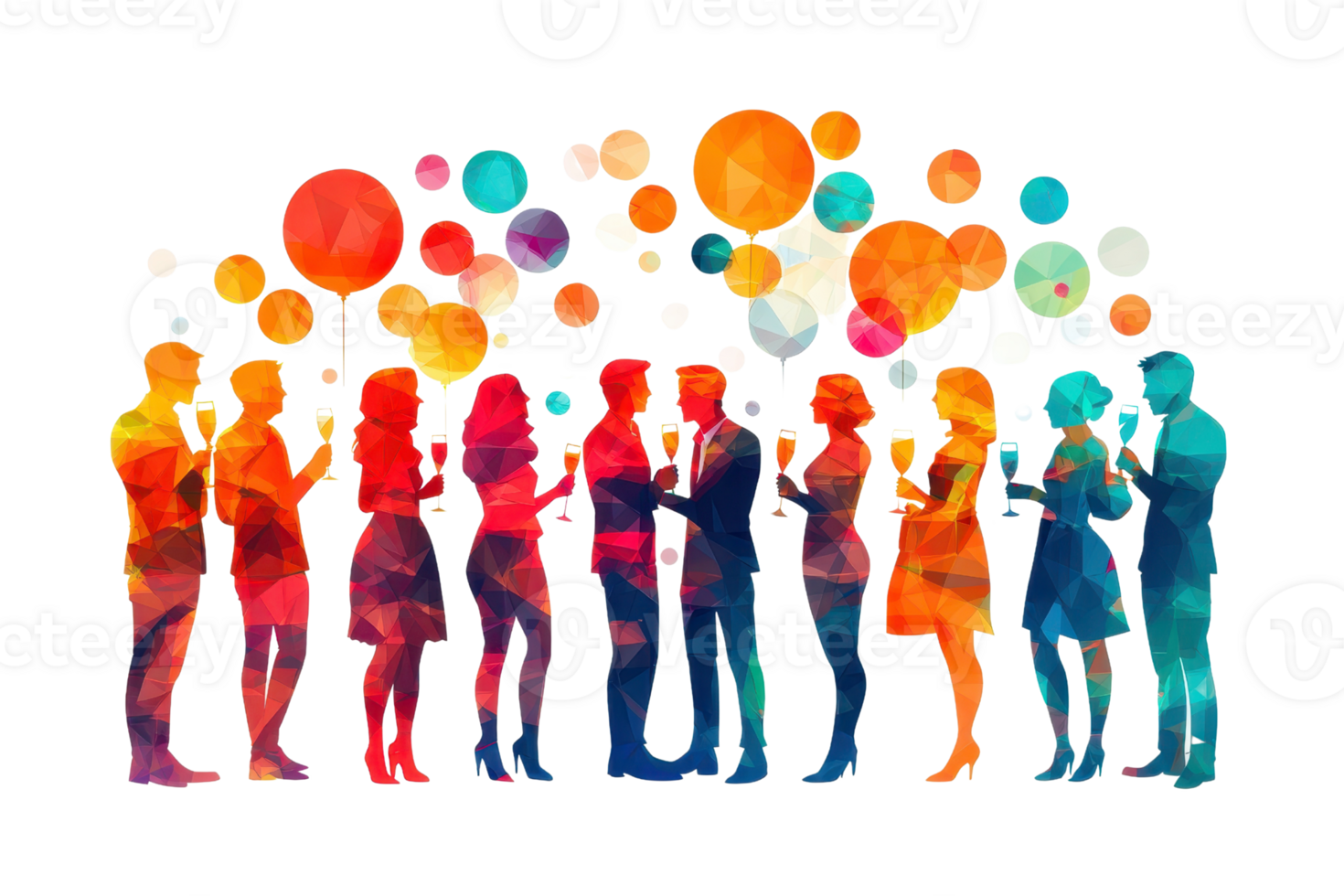 Vibrant silhouette of diverse people in conversation with colorful speech bubbles. Abstract representation of communication and social interaction. png