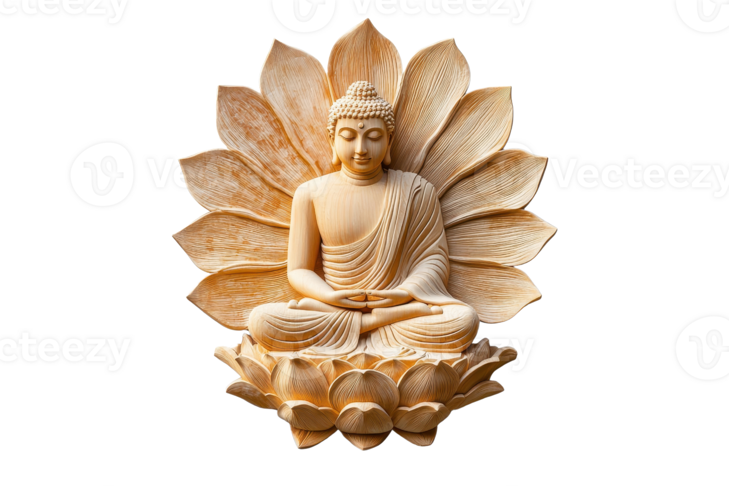 Wooden Buddha statue seated in meditation on a lotus flower, symbolizing peace and spirituality, perfect for meditation and home decor. png