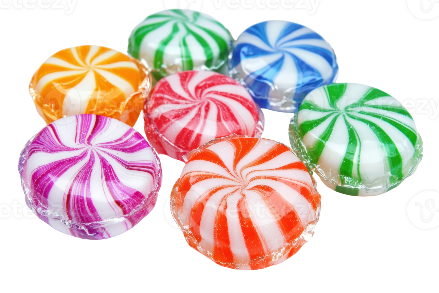 Assorted colorful peppermint candies in various colors and patterns, isolated on transparent background. Perfect sweets for holiday and party themes. png