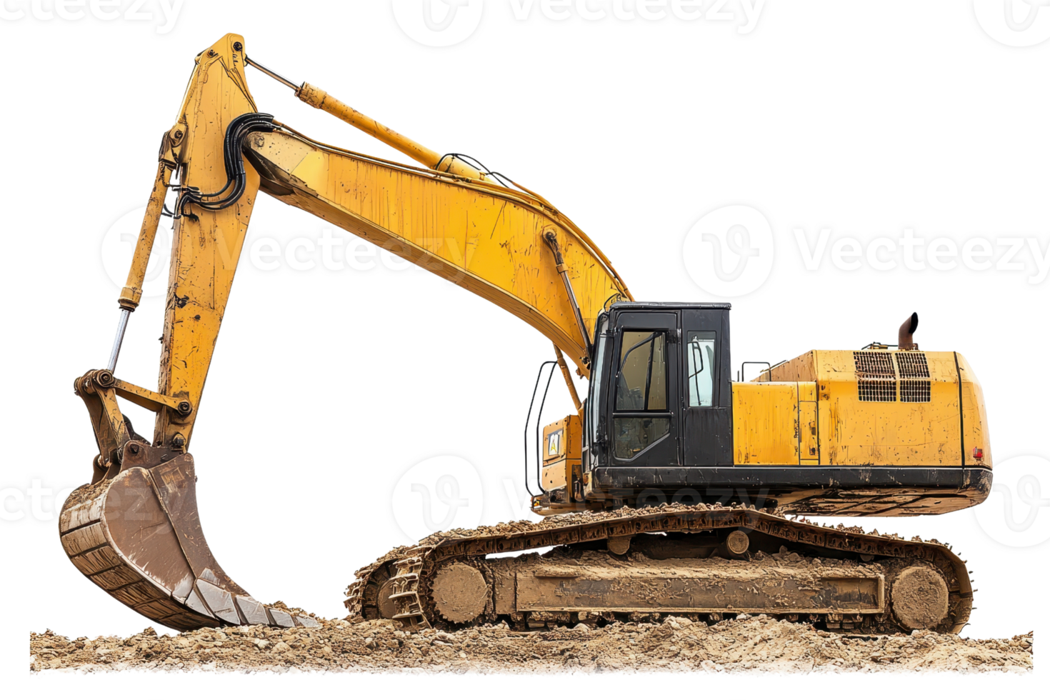 Yellow excavator on a construction site, digging machinery, earthmoving equipment for heavy-duty operations, isolated on transparent background. png