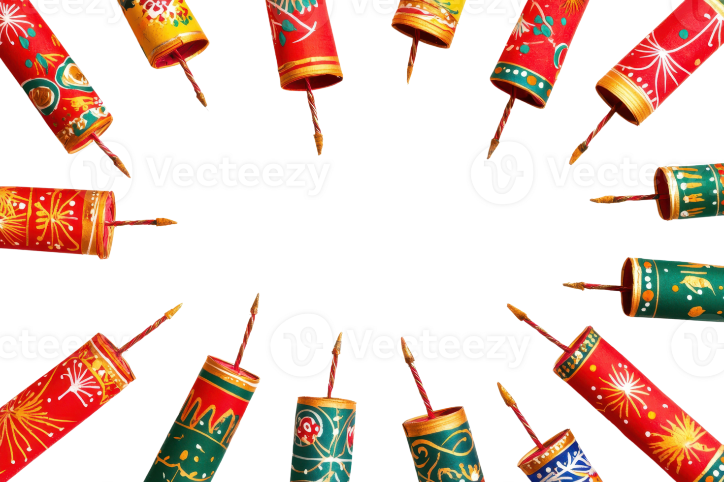 Colorful decorative fireworks arranged in a circle on a transparent background. ready to explode, creating a festive and celebratory mood. png