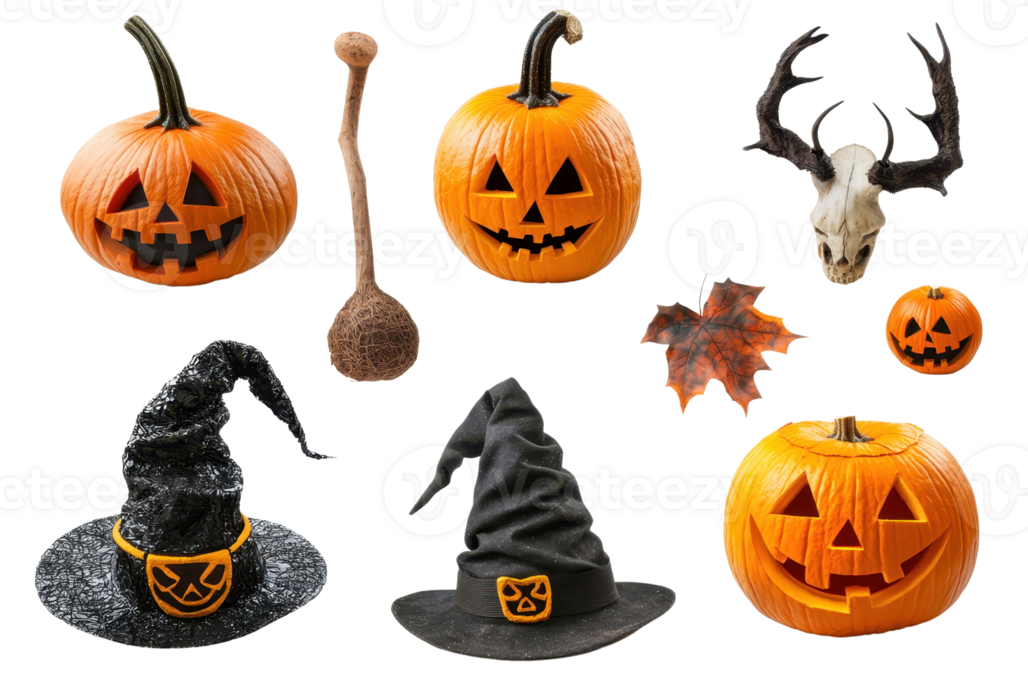 Collection of Halloween decorations including carved pumpkins, witch hats, antlers, and autumn leaves isolated on transparent background. png