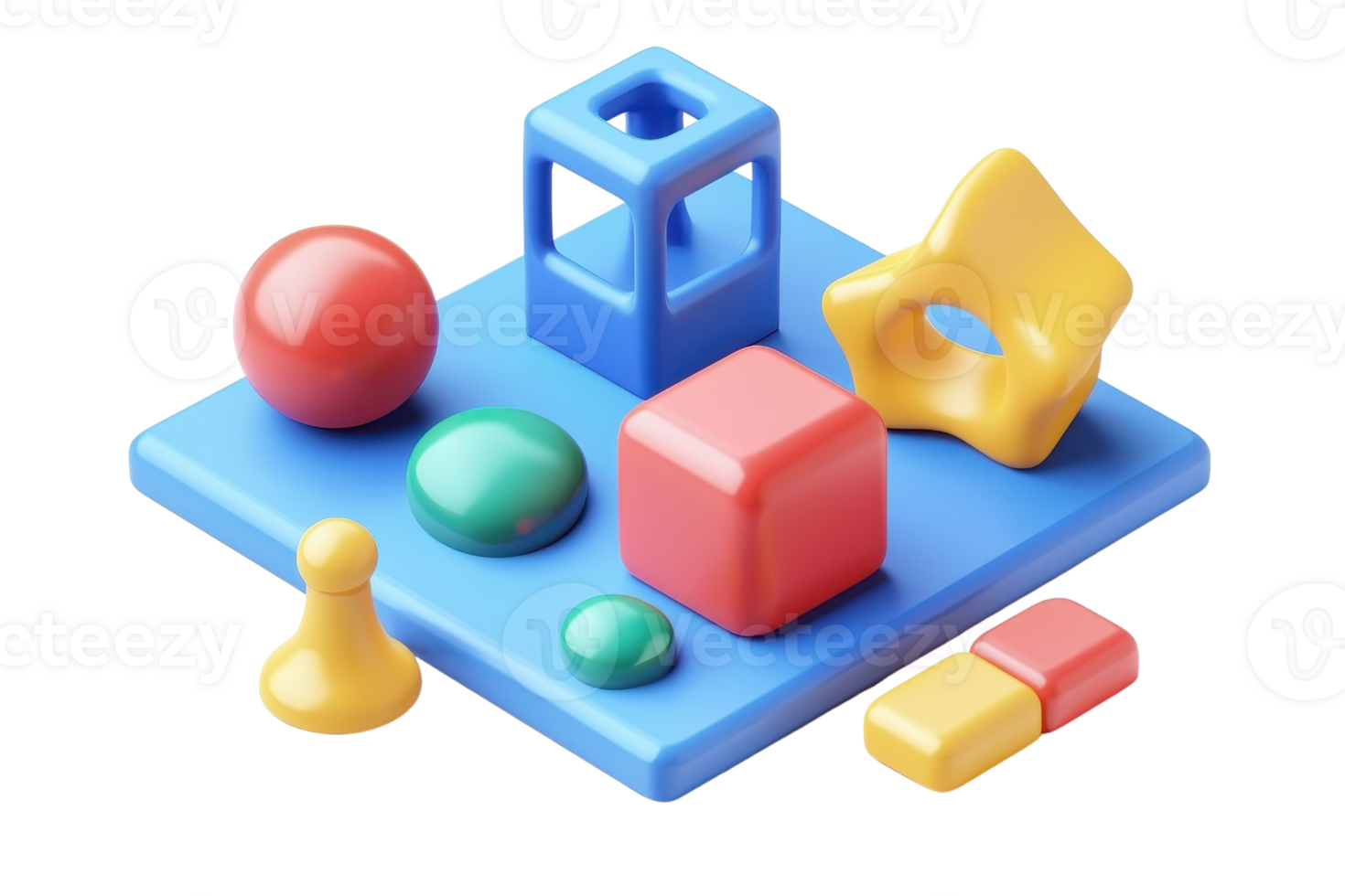 Colorful 3D geometric shapes isolated on a transparent background. Vibrant mix of cubes, spheres, and other forms, perfect for design and illustration. png