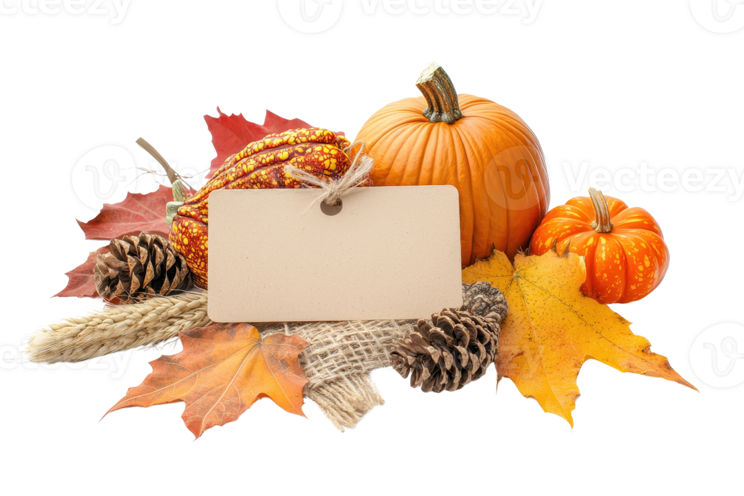 Autumn harvest arrangement with pumpkins, leaves, and pine cones surrounding a blank tag, perfect for seasonal greeting cards and invitations. png