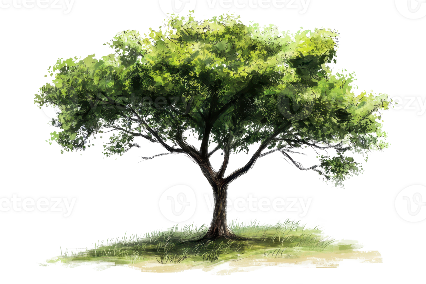 Beautiful watercolor illustration of a lush green tree with dense foliage and a strong trunk, standing alone in a grassy area. png