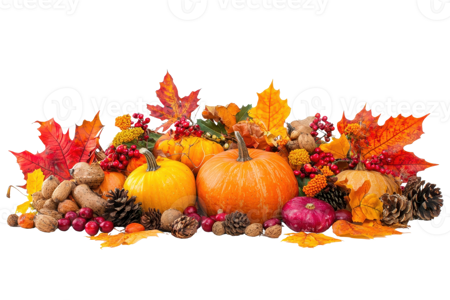 Colorful autumn harvest of pumpkins, leaves, and nuts, capturing the essence of fall and Thanksgiving in a vibrant seasonal display. png