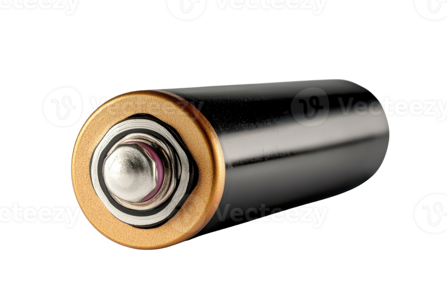 Close-up image of a single AA battery with a gold and black exterior, showing the positive terminal. Suitable for energy, power, and electronics topics. png