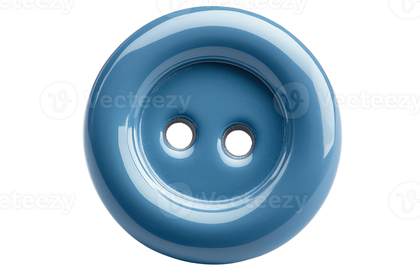 Close-up of a shiny blue button with two holes, isolated on transparent background. Ideal for sewing and crafting projects. png