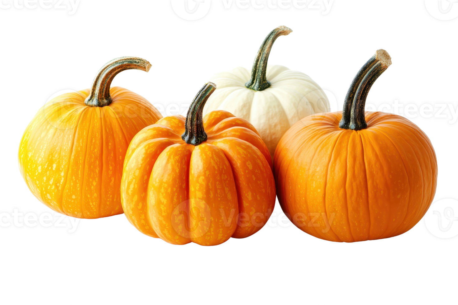Close-up of four pumpkins, three orange and one white, isolated on a transparent background. Perfect for autumn and Halloween imagery. png