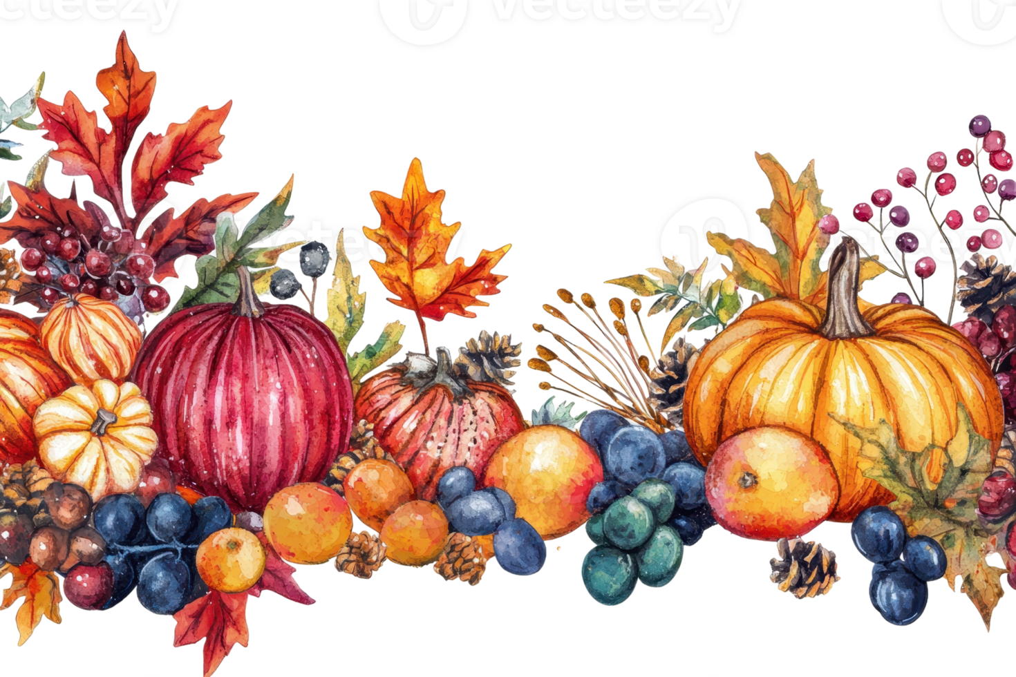 Colorful autumn harvest arrangement with pumpkins, leaves, berries, and fruits, perfect for seasonal decoration and festive design projects. png