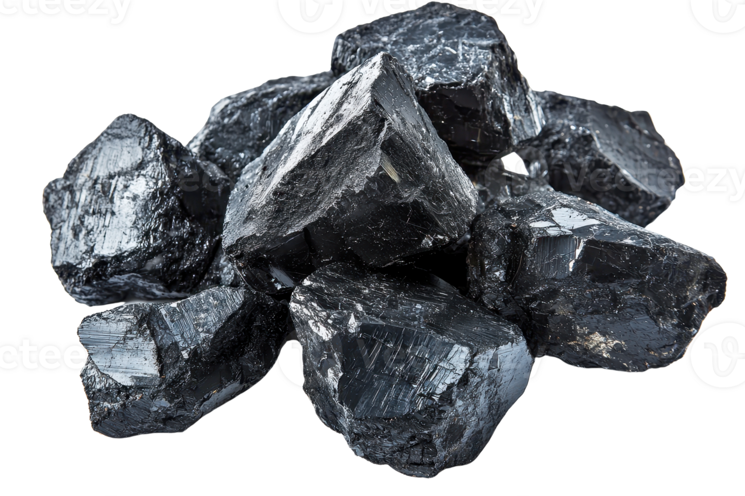 Close-up of black coal stones isolated on transparent background. showcasing rough, natural texture and dark color, ideal for industrial use imagery. png